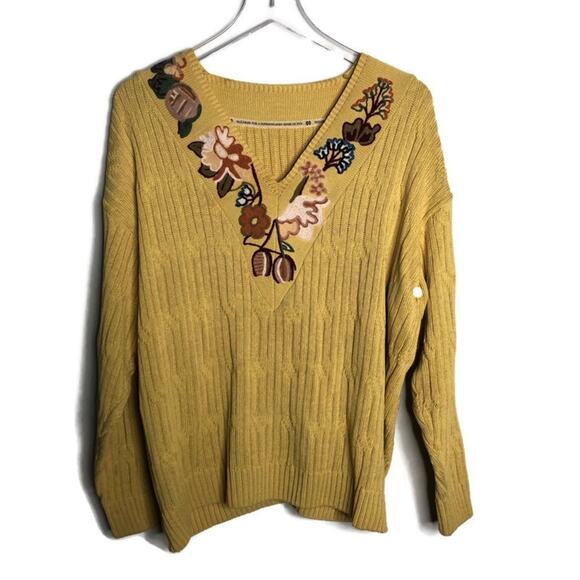 Mustard Knit Sweater with Floral Embroidery VTG L - Picture 1 of 9